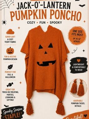 Pumpkin Jack-O'-Lantern Hooded Poncho - One Size NWT